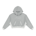 A light gray cropped hoodie with contrasting white side panels, a white front kangaroo pocket, and white ribbed cuffs and hem, shown against a plain white background.