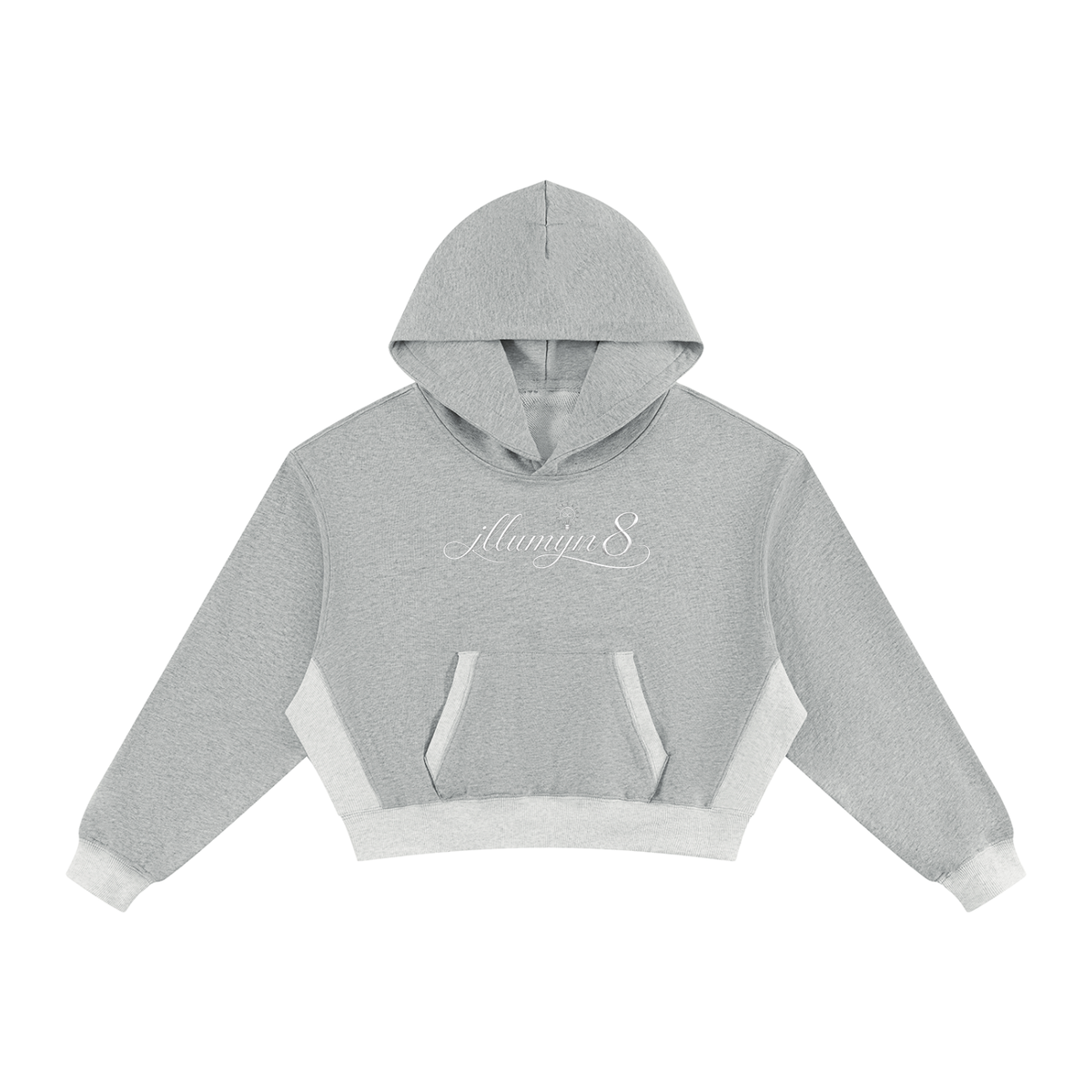 A light gray cropped hoodie with contrasting white side panels, a white front kangaroo pocket, and white ribbed cuffs and hem, shown against a plain white background.