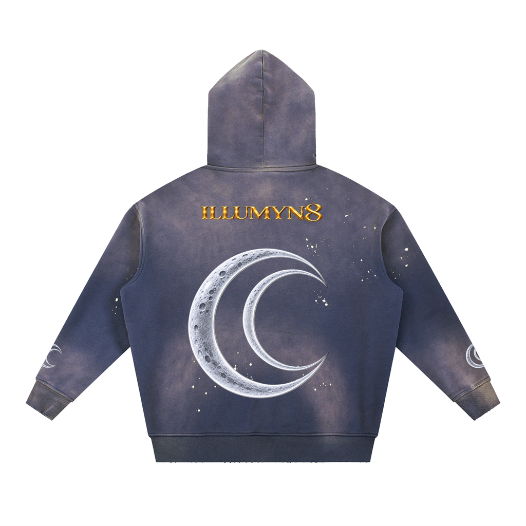 Illumyn8 Vintage Washed Frayed Fleece Hoodie – Lunar Rise | Moonlight Edition