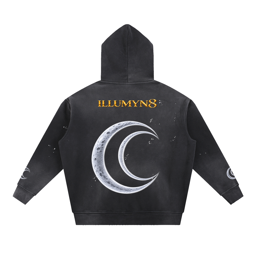 Illumyn8 Vintage Washed Frayed Fleece Hoodie – Lunar Rise | Moonlight Edition