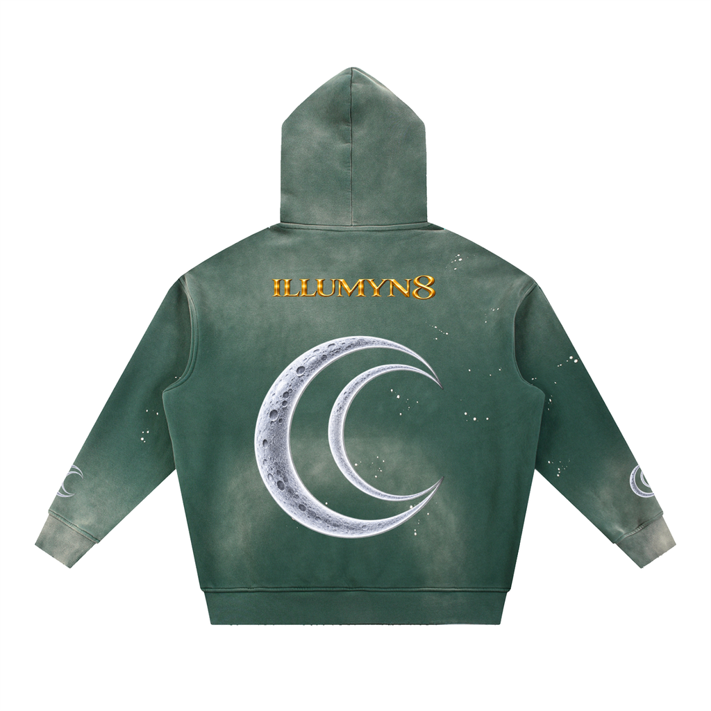 Illumyn8 Vintage Washed Frayed Fleece Hoodie – Lunar Rise | Moonlight Edition