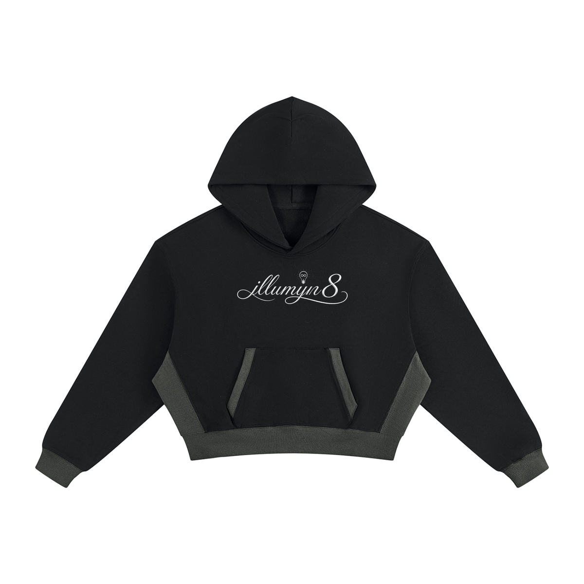 A black cropped hoodie with dark gray contrast panels on the front pocket and hem, featuring a small gray wing logo on the chest, displayed on a solid white background.