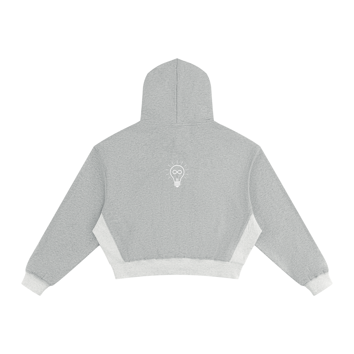 A light gray cropped hoodie shown from the back, featuring contrasting white knit panels at the bottom and cuffs, displayed on a solid white background.