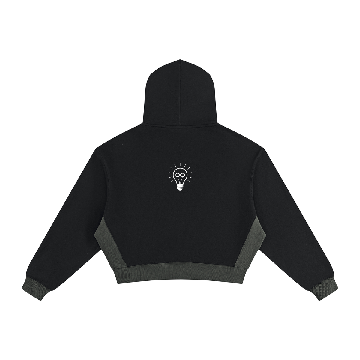 Black cropped hoodie with dark gray contrast panels on the sides and cuffs, featuring a small 'RISE LUXE' logo printed on the back center, shown against a plain white background.