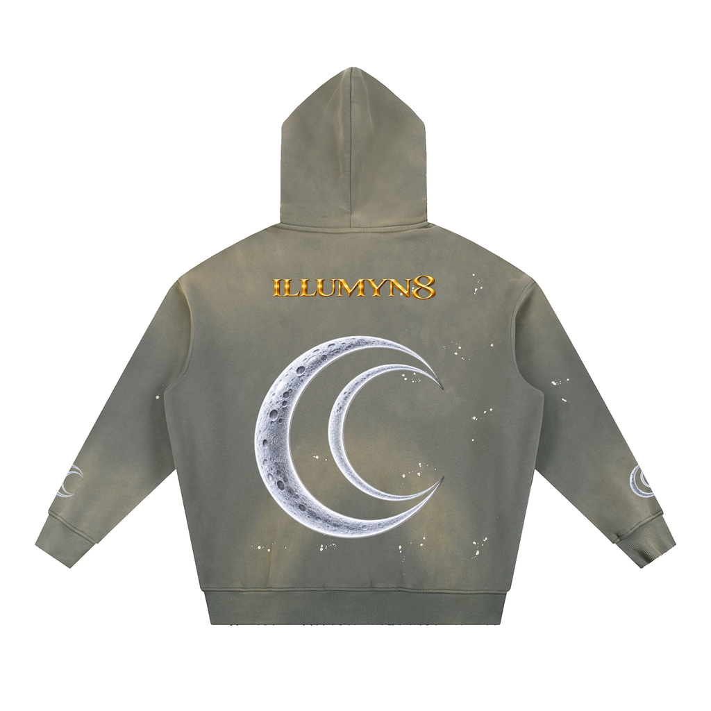Illumyn8 Vintage Washed Frayed Fleece Hoodie – Lunar Rise | Moonlight Edition
